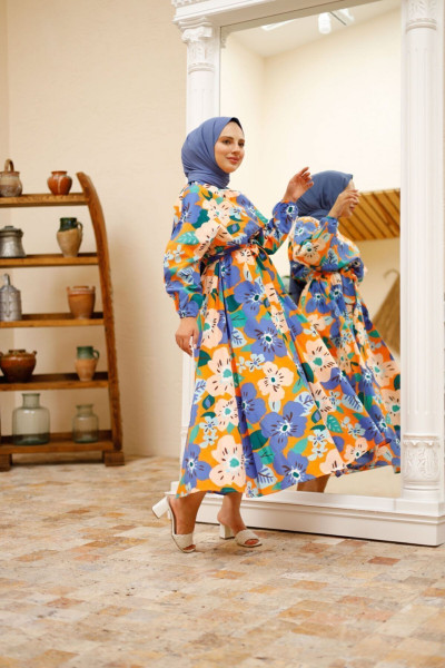 Yazlık Çiçekli Elbise/mavi Turuncu