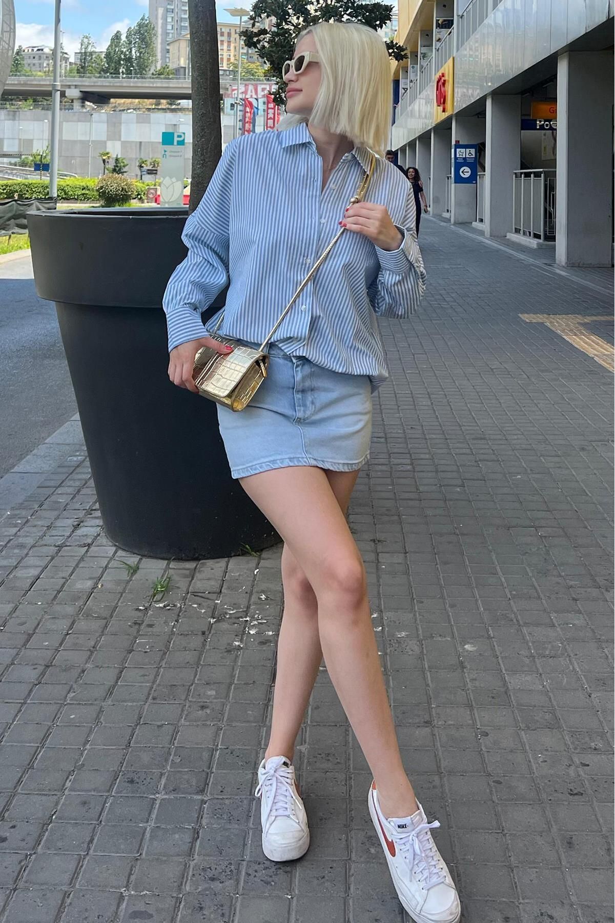 Mavi Çizgili Over Fit Gömlek Mg1525