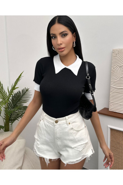 Kadın Siyah Polo Yaka Fitilli Örme Bluz