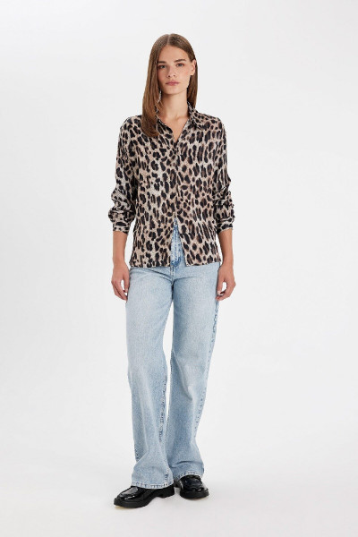 Regular Fit Leopar Desenli Poplin Uzun Kollu Gömlek D3148ax24au