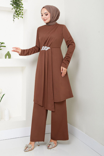 Kemeri Taş Detaylı Takım 269DVL897 Kahve