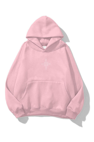 Unisex Pusula Taş Baskılı Sweatshirt Pembe Unisex Pusula Taş Baskılı Sweatshirt Pembe