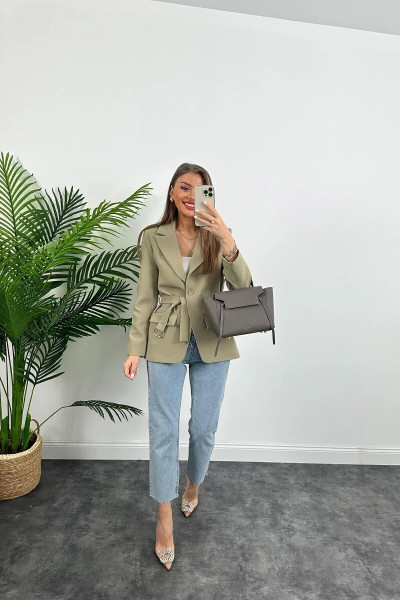 Premium Kalite Kemerli Astarlı Double Kalın Kumaş Blazer Ceket Haki Premium Kalite Kemerli Astarlı Double Kalın Kumaş Blazer Ceket Haki