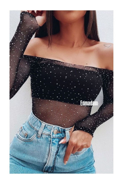 Kadın Siyah Parlak Elmas Taşlı Omuz Detaylı File Body Bluz Kadın Siyah Parlak Elmas Taşlı Omuz Detaylı File Body Bluz