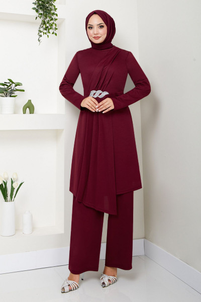 Kemeri Taş Detaylı Takım 269DVL897 Bordo Kemeri Taş Detaylı Takım 269DVL897 Bordo