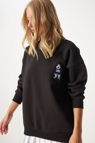 Kadın Siyah Nakışlı Armalı Şardonlu Oversize Sweatshirt NJ00160 Kadın Siyah Nakışlı Armalı Şardonlu Oversize Sweatshirt NJ00160