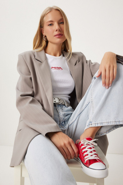 Kadın Vizon İnce Çizgili Oversize Kruvaze Ceket TO00152 Kadın Vizon İnce Çizgili Oversize Kruvaze Ceket TO00152