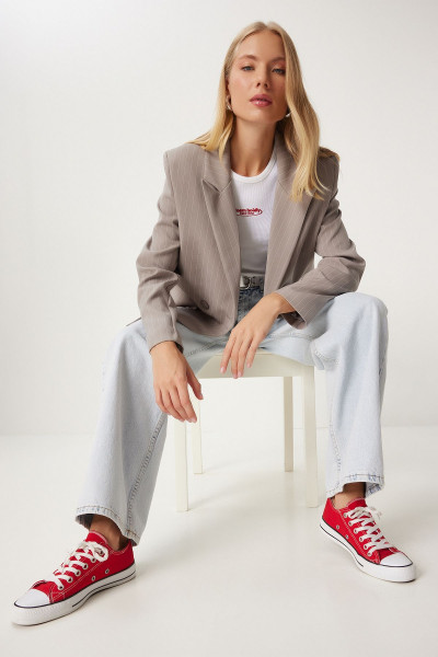 Kadın Vizon İnce Çizgili Oversize Kruvaze Ceket TO00152