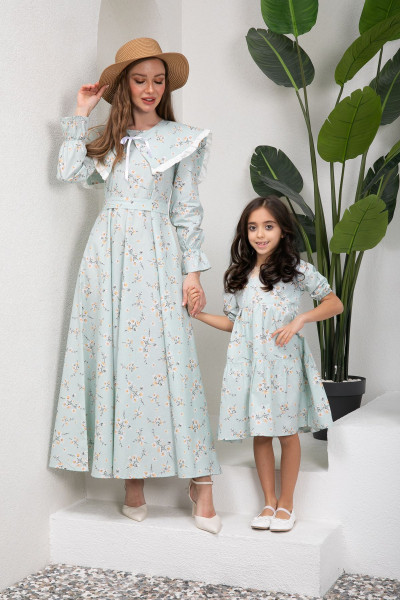 Tesettür Bahar Dalı Su Yeşili Seyyar Yakalı Kloş Anne Kız Çocuk Kombini