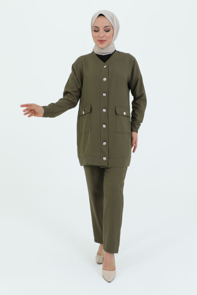 V Yaka Boydan Düğmeli Cepli İkili Takım TSD231218 Haki