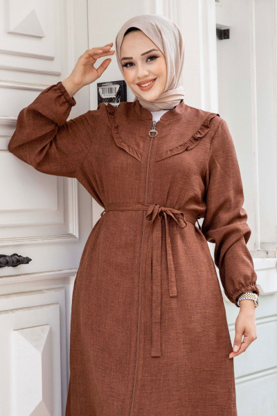 Önü Fırfır Detaylı Fermuarlı Keten Tunik TSD240518 Kahverengi Önü Fırfır Detaylı Fermuarlı Keten Tunik TSD240518 Kahverengi