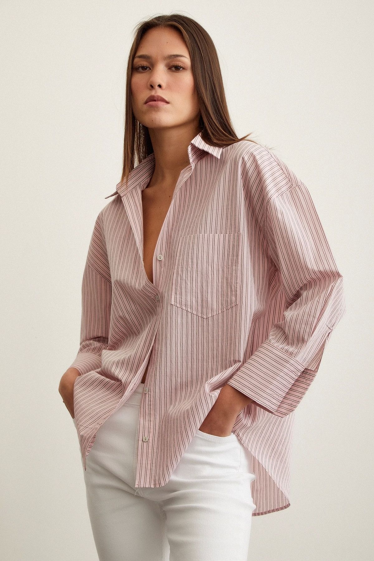 Oversize Çizgili Gömlek Pembe Oversize Çizgili Gömlek Pembe