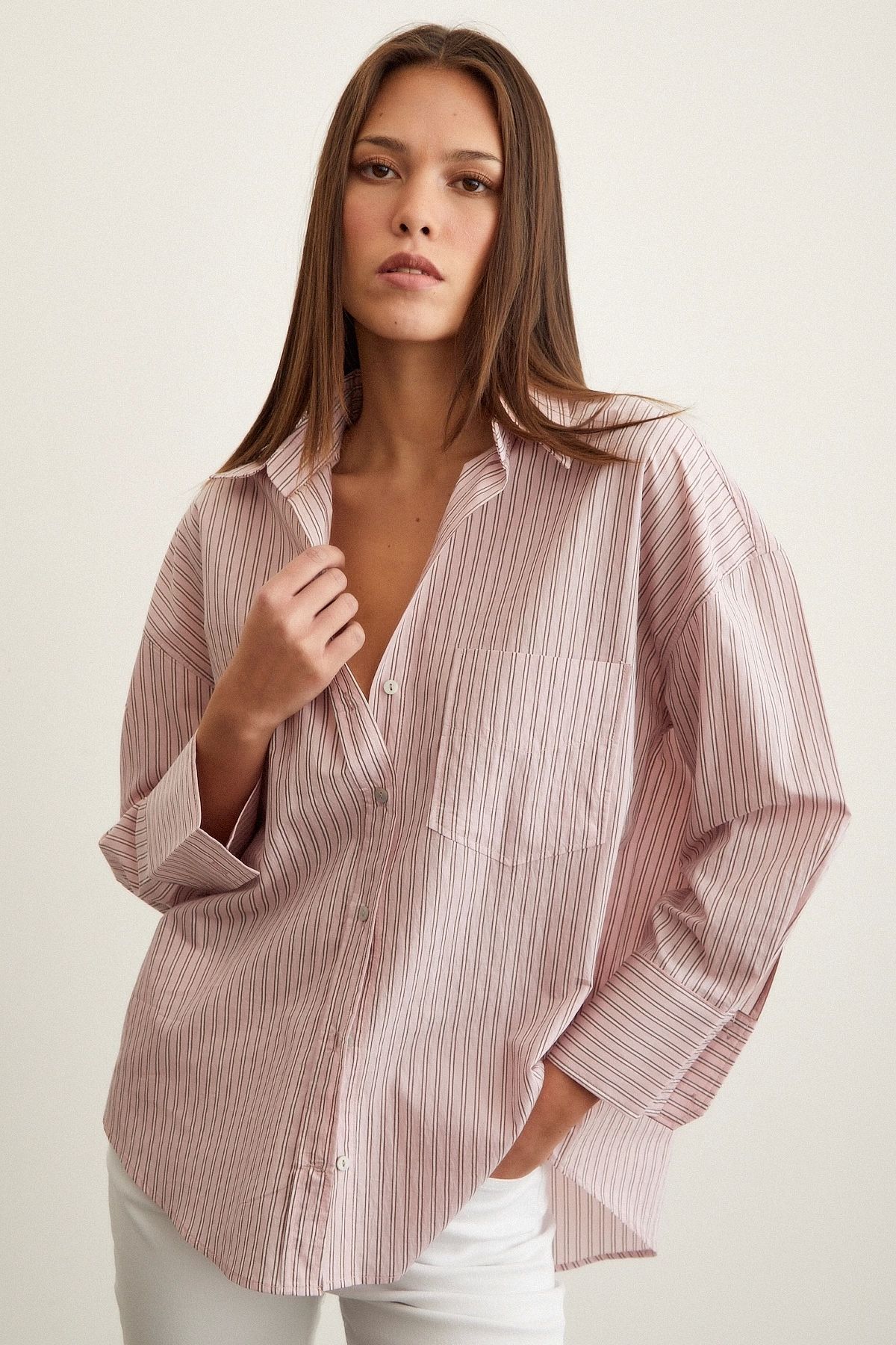 Oversize Çizgili Gömlek Pembe Oversize Çizgili Gömlek Pembe