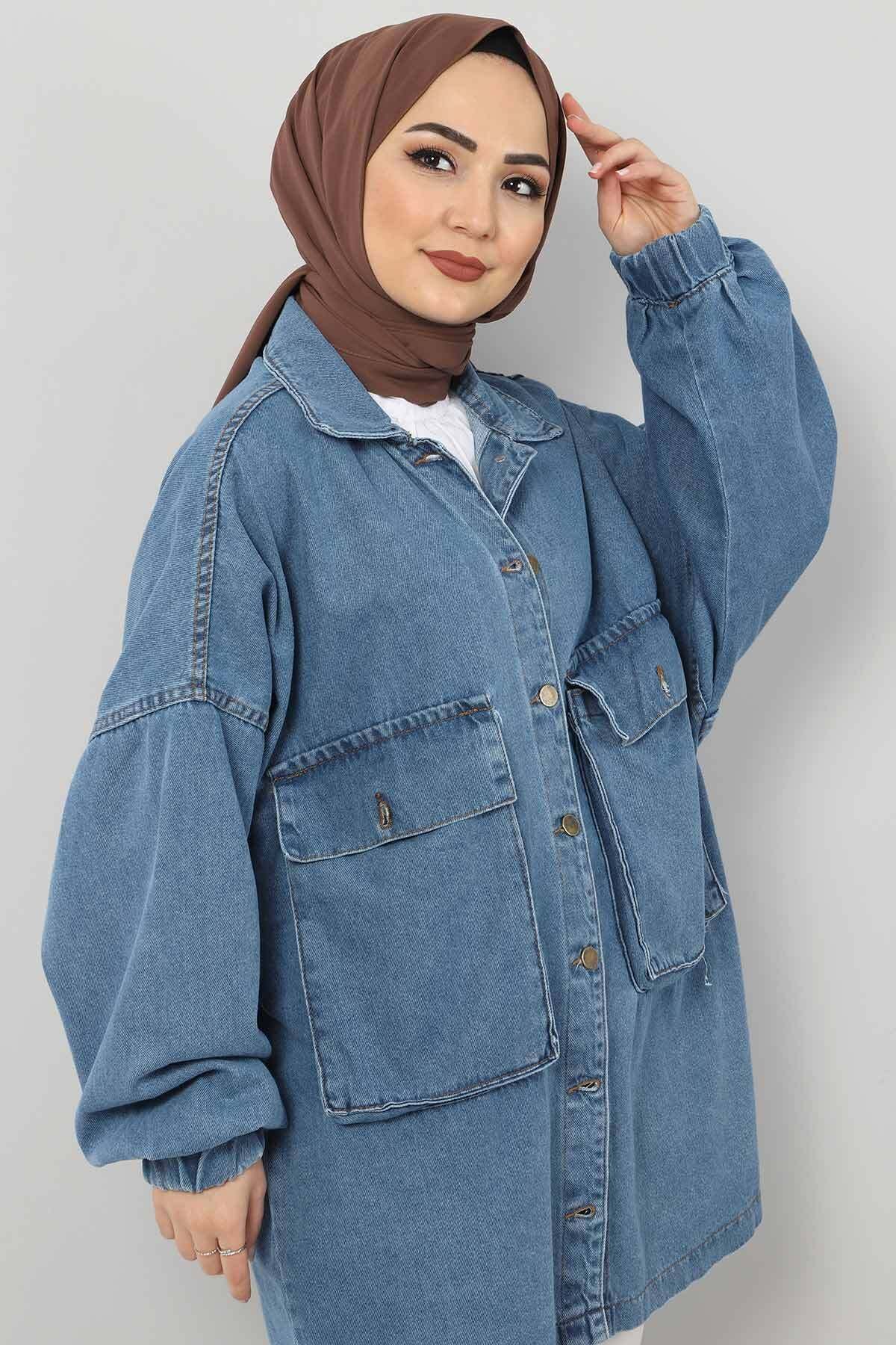 Kolları Lastikli Kot Ceket Tsd0088 Açık Mavi Kolları Lastikli Kot Ceket Tsd0088 Açık Mavi