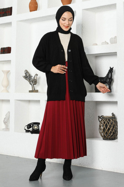 Kemerli Pileli Etek Tsd220915 Bordo Kemerli Pileli Etek Tsd220915 Bordo