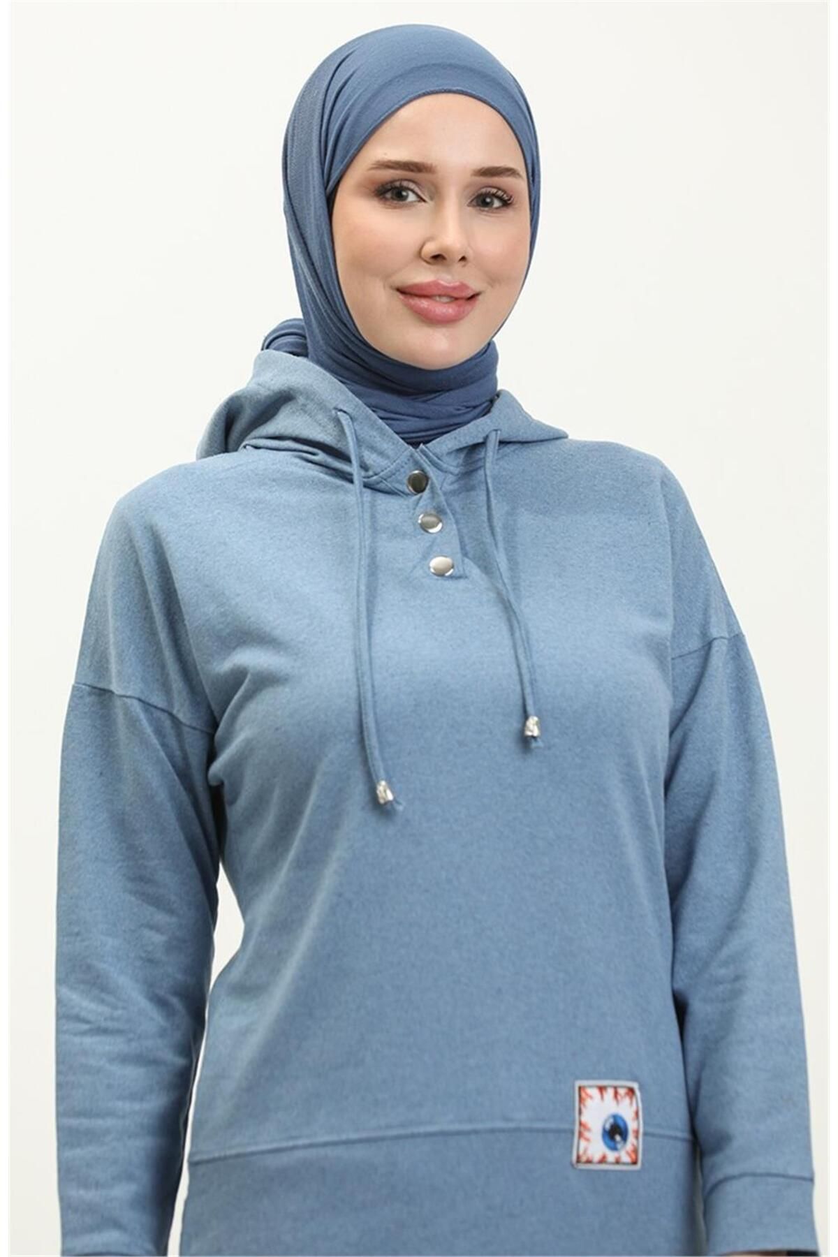Kapşonlu Çıtçıtlı Sade Basic İkili Eşofman Spor Takımı - 03036 - Mavi Kapşonlu Çıtçıtlı Sade Basic İkili Eşofman Spor Takımı - 03036 - Mavi