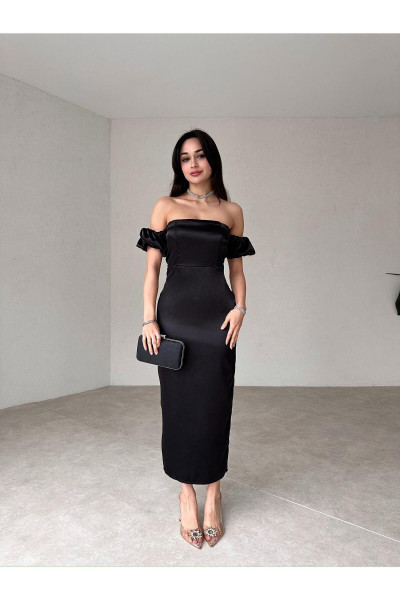 Kol Detaylı Saten Siyah Midi Elbise Kol Detaylı Saten Siyah Midi Elbise