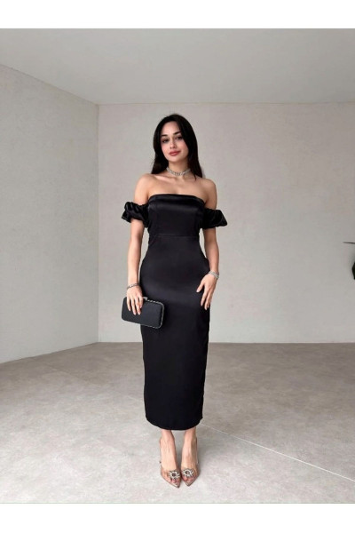 Kol Detaylı Saten Siyah Midi Elbise