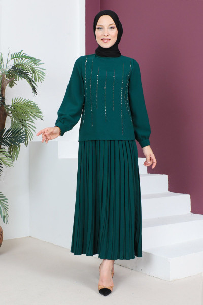 Taş Detaylı Etekli Takım TSD230525 Zümrüt Yeşili Taş Detaylı Etekli Takım TSD230525 Zümrüt Yeşili