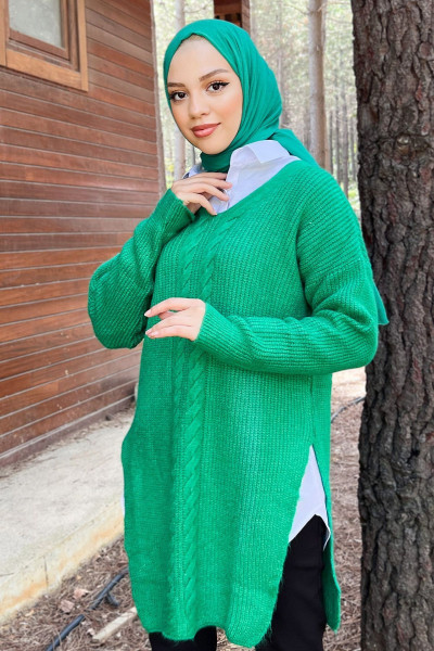 V Yaka Triko Tunik Tsd220907 Yeşil V Yaka Triko Tunik Tsd220907 Yeşil
