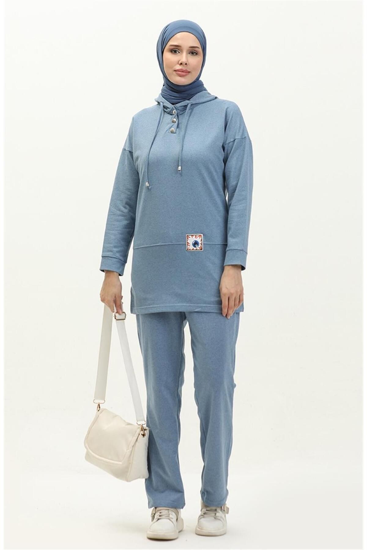 Kapşonlu Çıtçıtlı Sade Basic İkili Eşofman Spor Takımı - 03036 - Mavi Kapşonlu Çıtçıtlı Sade Basic İkili Eşofman Spor Takımı - 03036 - Mavi