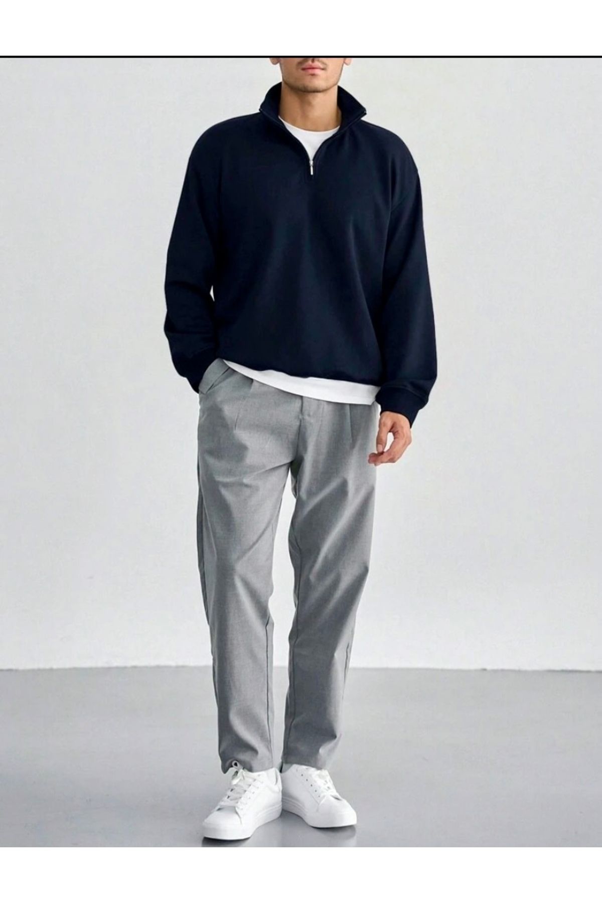 Lacivert Dik Yaka Yarım Fermuarlı Düz Kazak Sweatshirt Lacivert Dik Yaka Yarım Fermuarlı Düz Kazak Sweatshirt
