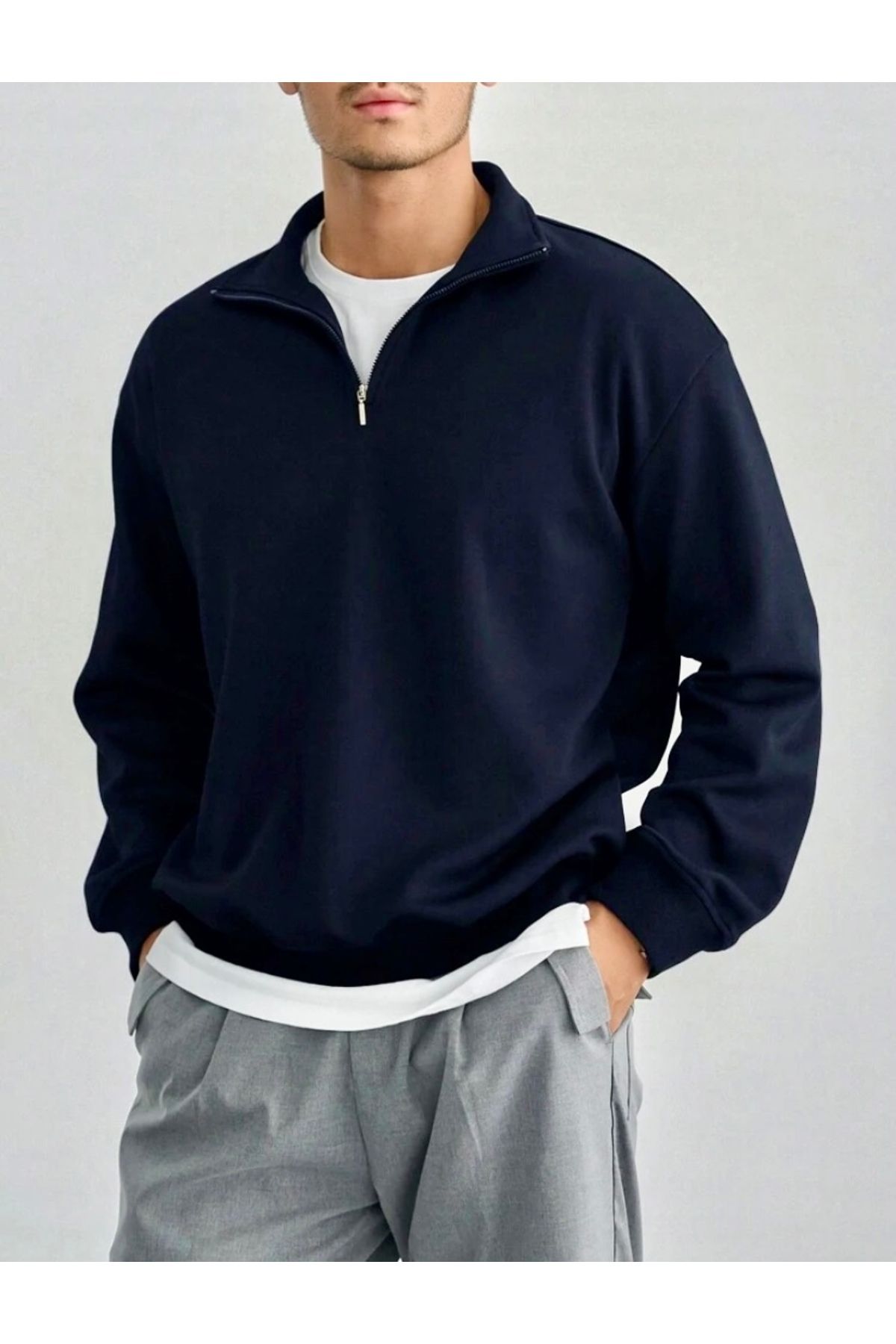 Lacivert Dik Yaka Yarım Fermuarlı Düz Kazak Sweatshirt Lacivert Dik Yaka Yarım Fermuarlı Düz Kazak Sweatshirt