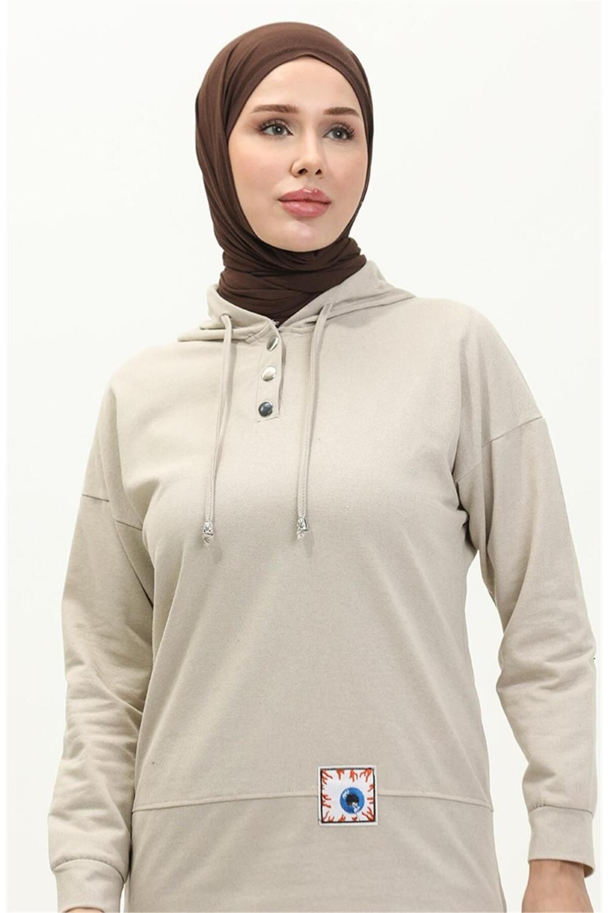 Kapşonlu Çıtçıtlı Sade Basic İkili Eşofman Spor Takımı - 03036 - Ekru Kapşonlu Çıtçıtlı Sade Basic İkili Eşofman Spor Takımı - 03036 - Ekru
