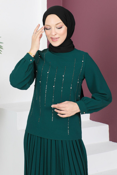 Taş Detaylı Etekli Takım TSD230525 Zümrüt Yeşili Taş Detaylı Etekli Takım TSD230525 Zümrüt Yeşili