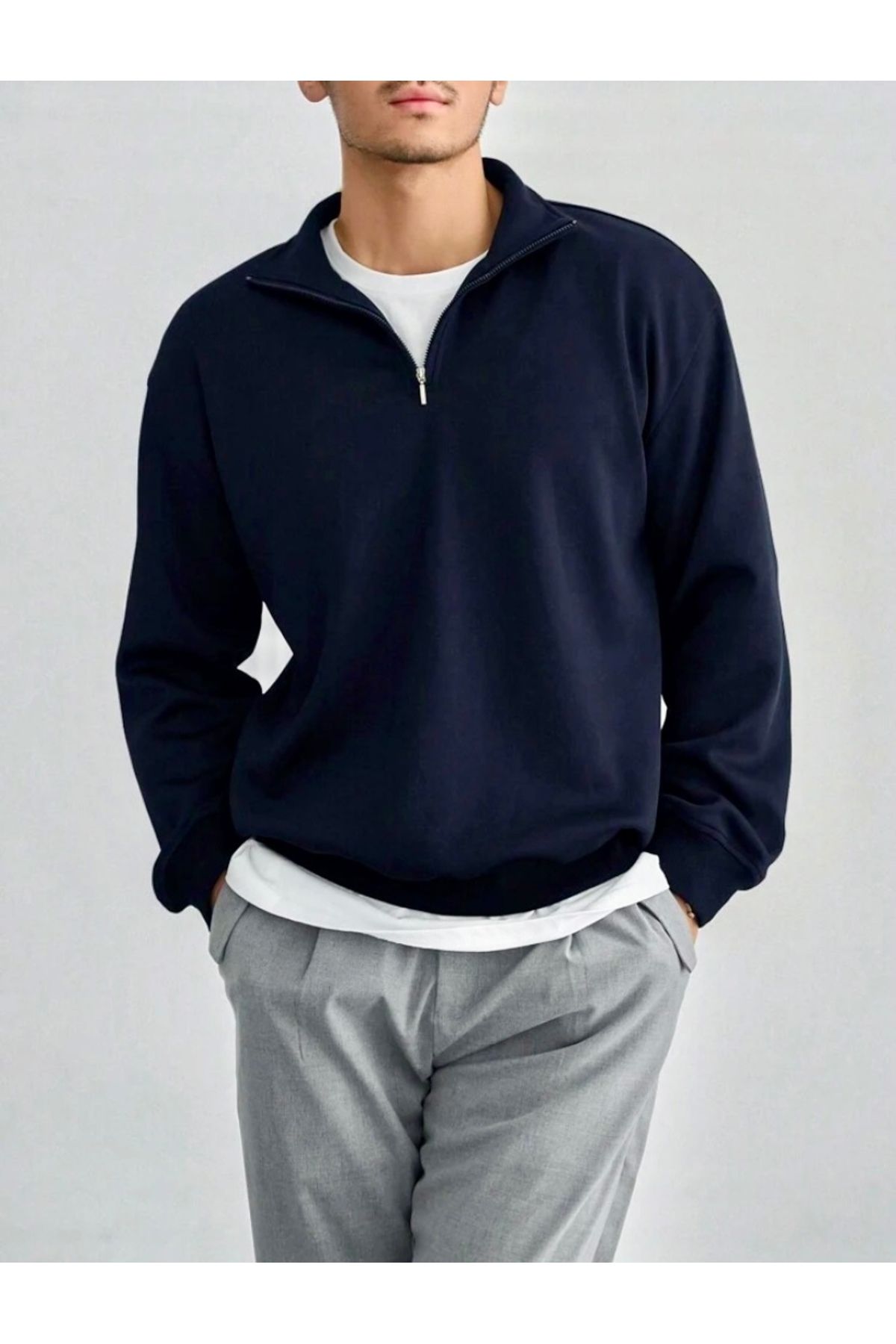 Lacivert Dik Yaka Yarım Fermuarlı Düz Kazak Sweatshirt Lacivert Dik Yaka Yarım Fermuarlı Düz Kazak Sweatshirt