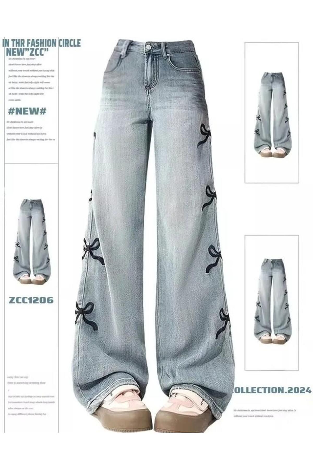 Y2k Ribbon Detail Bol Paça Yıkamalı Pantolon Jean Y2k Ribbon Detail Bol Paça Yıkamalı Pantolon Jean