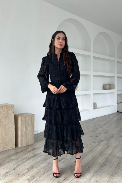 Siyah Valonlu Şerit Detaylı Kat Kat Elbise