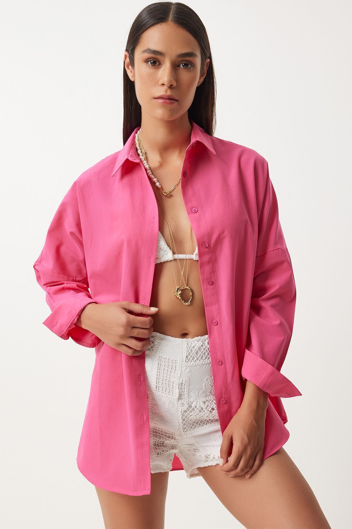 Oversize Basic Gömlek Koyu Pembe Ldd0003 Oversize Basic Gömlek Koyu Pembe Ldd0003