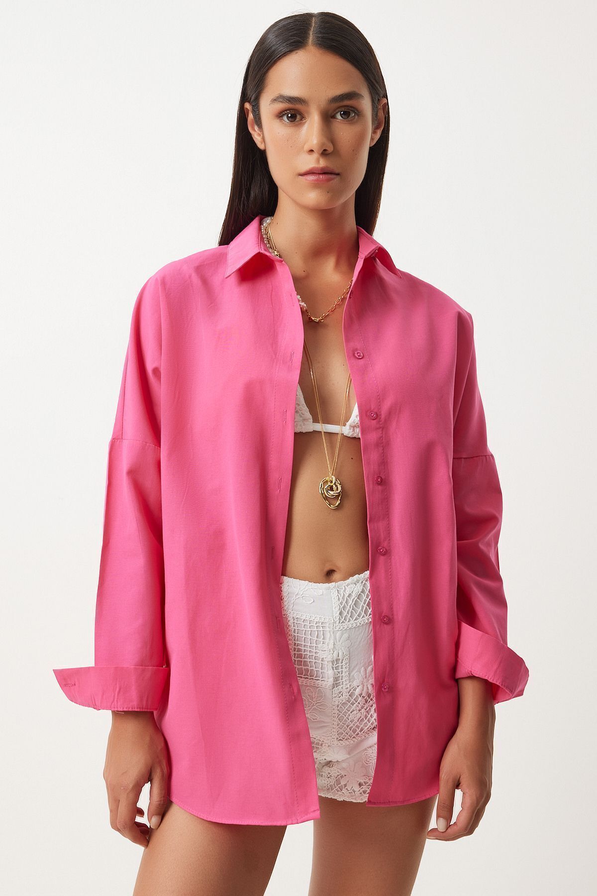 Oversize Basic Gömlek Koyu Pembe Ldd0003 Oversize Basic Gömlek Koyu Pembe Ldd0003