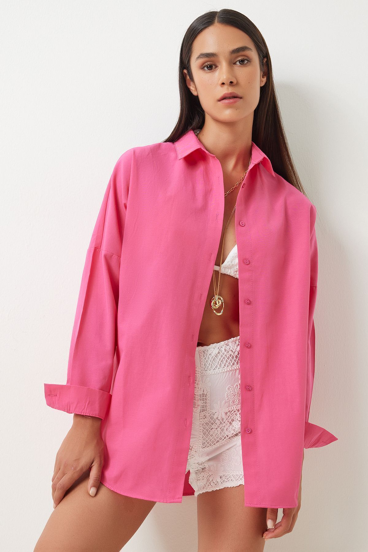 Oversize Basic Gömlek Koyu Pembe Ldd0003 Oversize Basic Gömlek Koyu Pembe Ldd0003