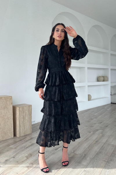 Siyah Valonlu Şerit Detaylı Kat Kat Elbise