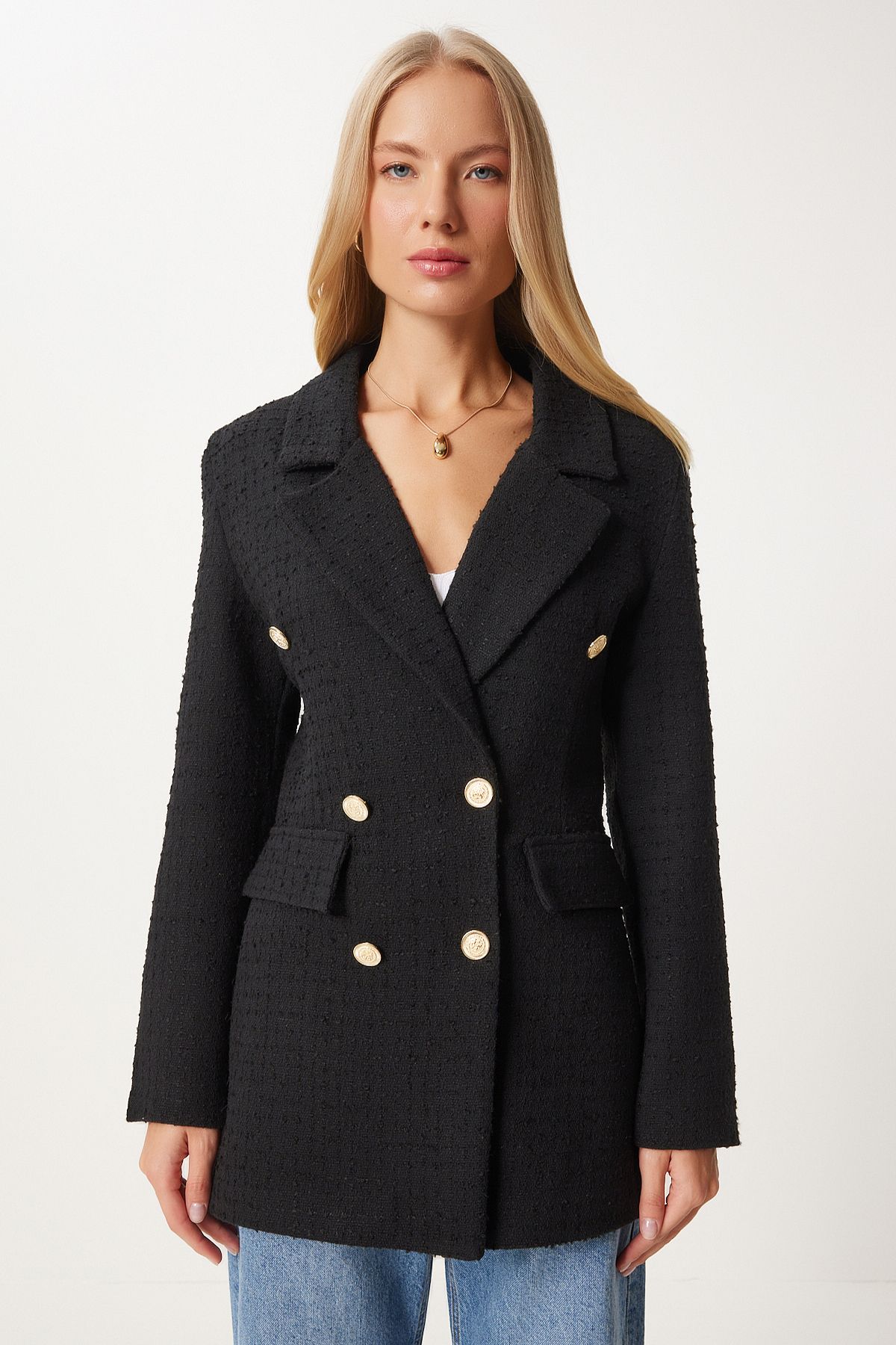 Kadın Siyah Düğmeli Blazer Tüvit Ceket WF00004 Kadın Siyah Düğmeli Blazer Tüvit Ceket WF00004