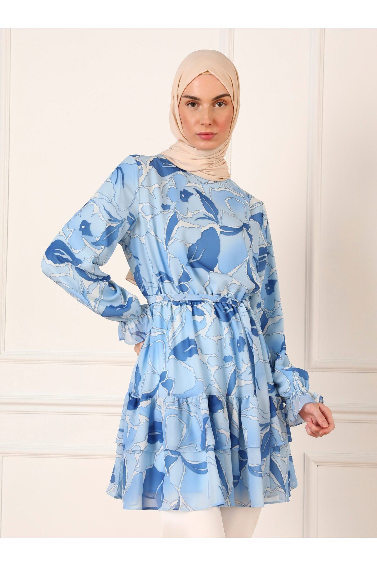 Mavi Yaprak Desenli Şifon Tunik - Mavi - Refka Mavi Yaprak Desenli Şifon Tunik - Mavi - Refka