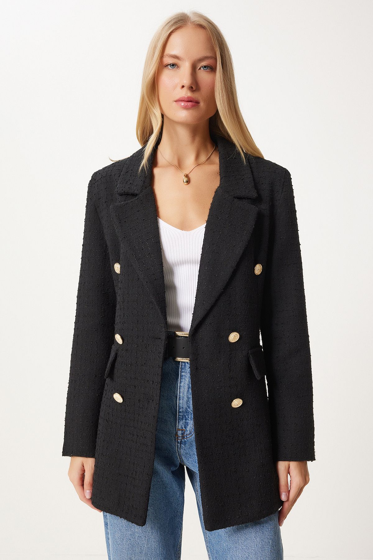 Kadın Siyah Düğmeli Blazer Tüvit Ceket WF00004 Kadın Siyah Düğmeli Blazer Tüvit Ceket WF00004