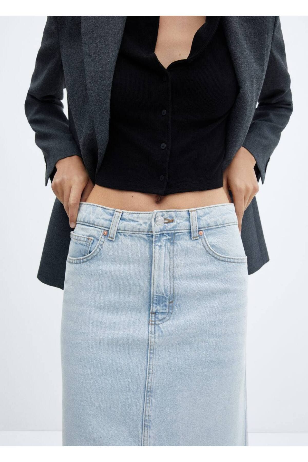 Yırtmaçlı denim etek