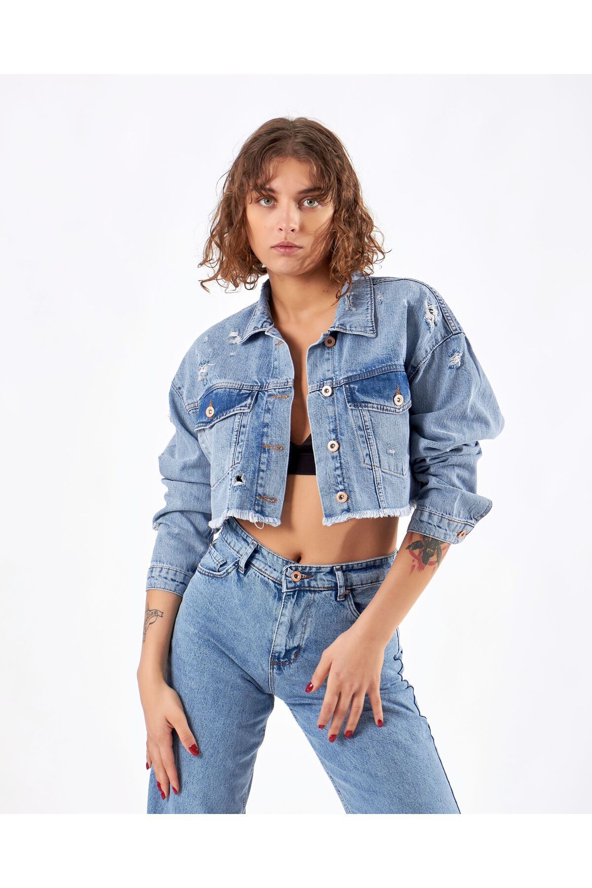Püskül Detaylı Denim Crop Ceket