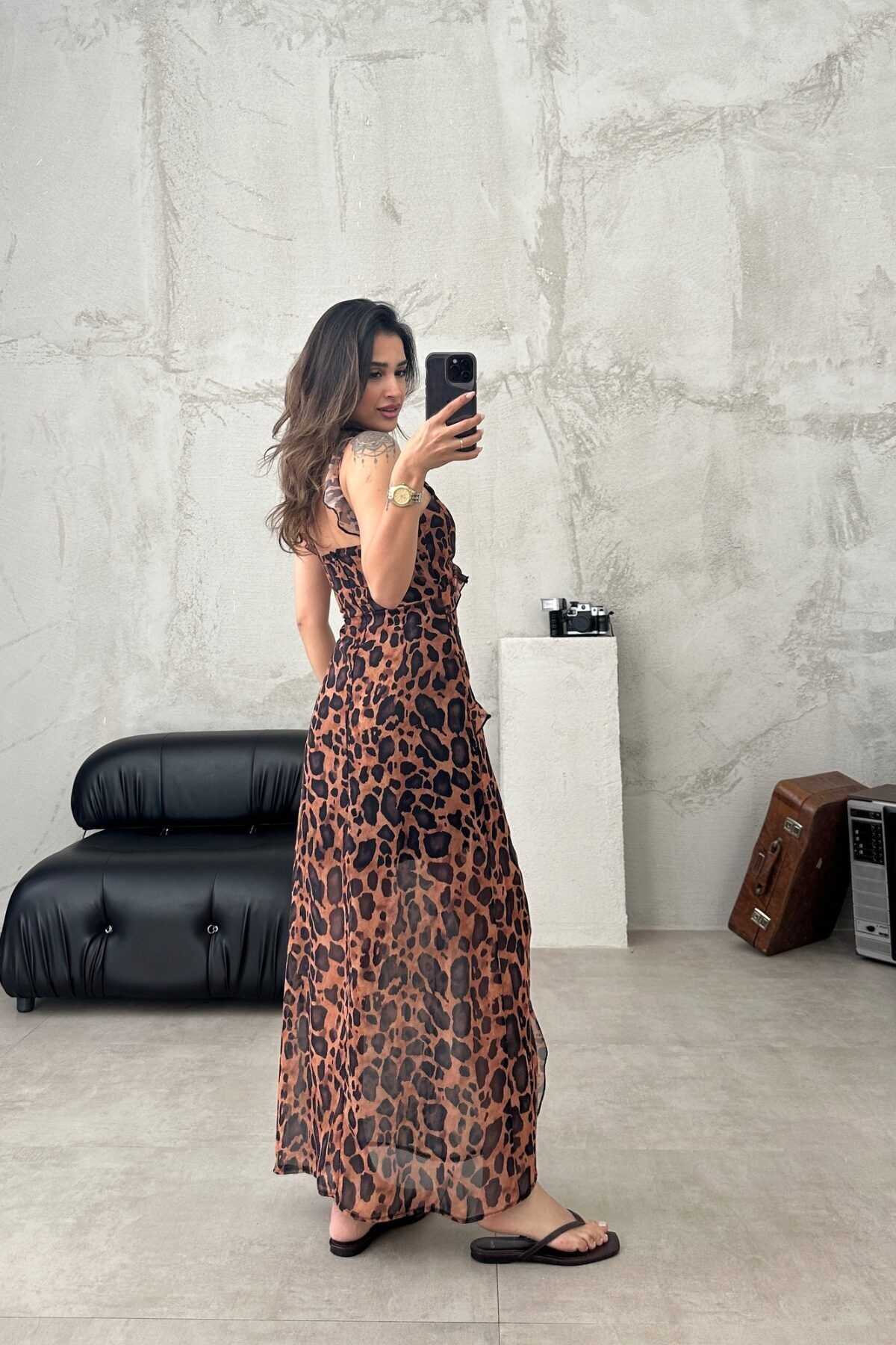 KADIN ŞİFON LEOPARLI MİDİ ELBİSE KADIN ŞİFON LEOPARLI MİDİ ELBİSE