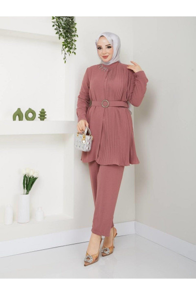 Kadın Yakası Taşlı Piliseli Tunik PantolonTakım Tesettür Kombin Kadın Yakası Taşlı Piliseli Tunik PantolonTakım Tesettür Kombin