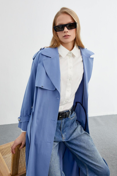 Omuz Apoletli Düğmeli İndigo Trençkot 13459 Omuz Apoletli Düğmeli İndigo Trençkot 13459