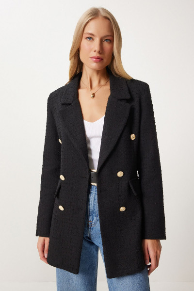 Kadın Siyah Düğmeli Blazer Tüvit Ceket WF00004 Kadın Siyah Düğmeli Blazer Tüvit Ceket WF00004