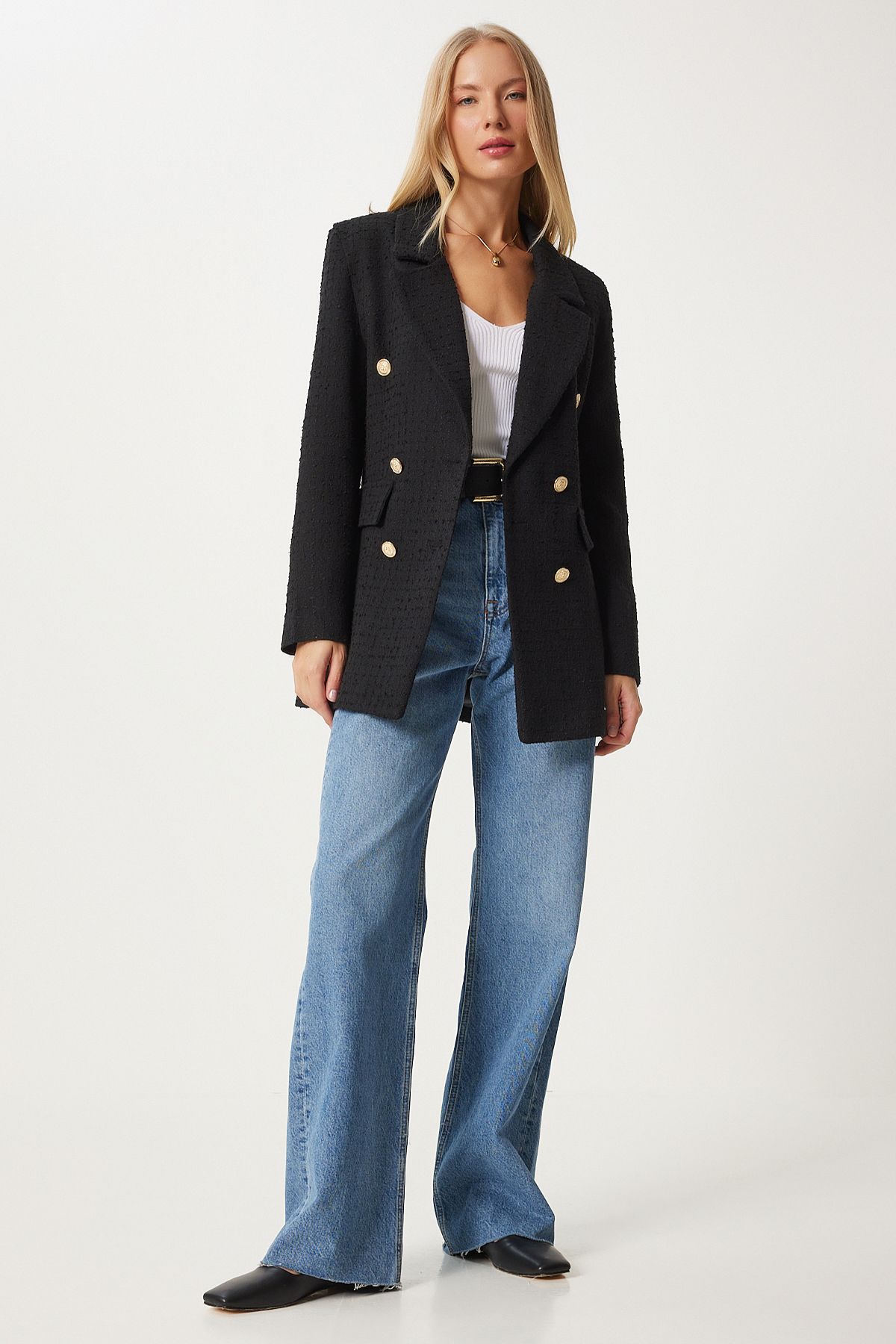 Kadın Siyah Düğmeli Blazer Tüvit Ceket WF00004 Kadın Siyah Düğmeli Blazer Tüvit Ceket WF00004