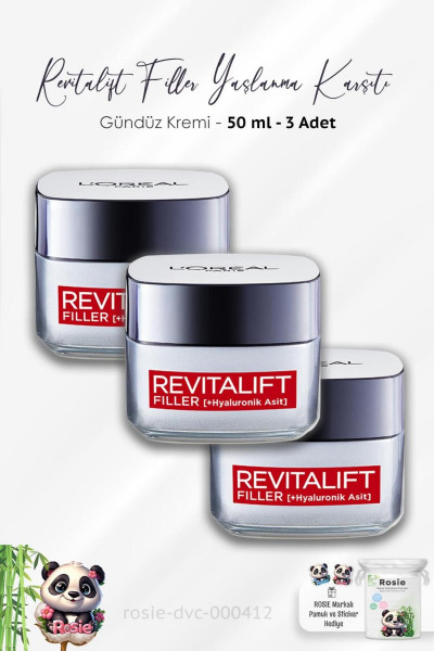 3 Adet Loreal Paris Revitalift Filler Yaşlanma Karşıtı Gündüz Kremi 50 ml ve ROSIE 3 Adet Loreal Paris Revitalift Filler Yaşlanma Karşıtı Gündüz Kremi 50 ml ve ROSIE