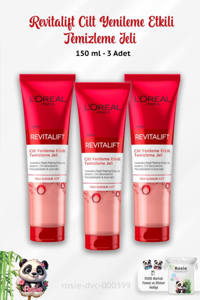 3 Adet Loreal Paris Revitalift Cilt Yenileme Etkili Temizleme Jeli 150 ml ve ROSIE 3 Adet Loreal Paris Revitalift Cilt Yenileme Etkili Temizleme Jeli 150 ml ve ROSIE