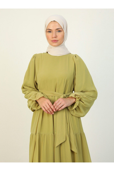 Kuşaklı Şifon Tesettür Elbise - Yağ Yeşili - Refka