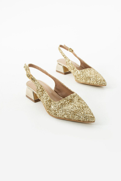 Londra Cam Kırıntıları Detay Arkası Açık Topuklu Ayakkabı